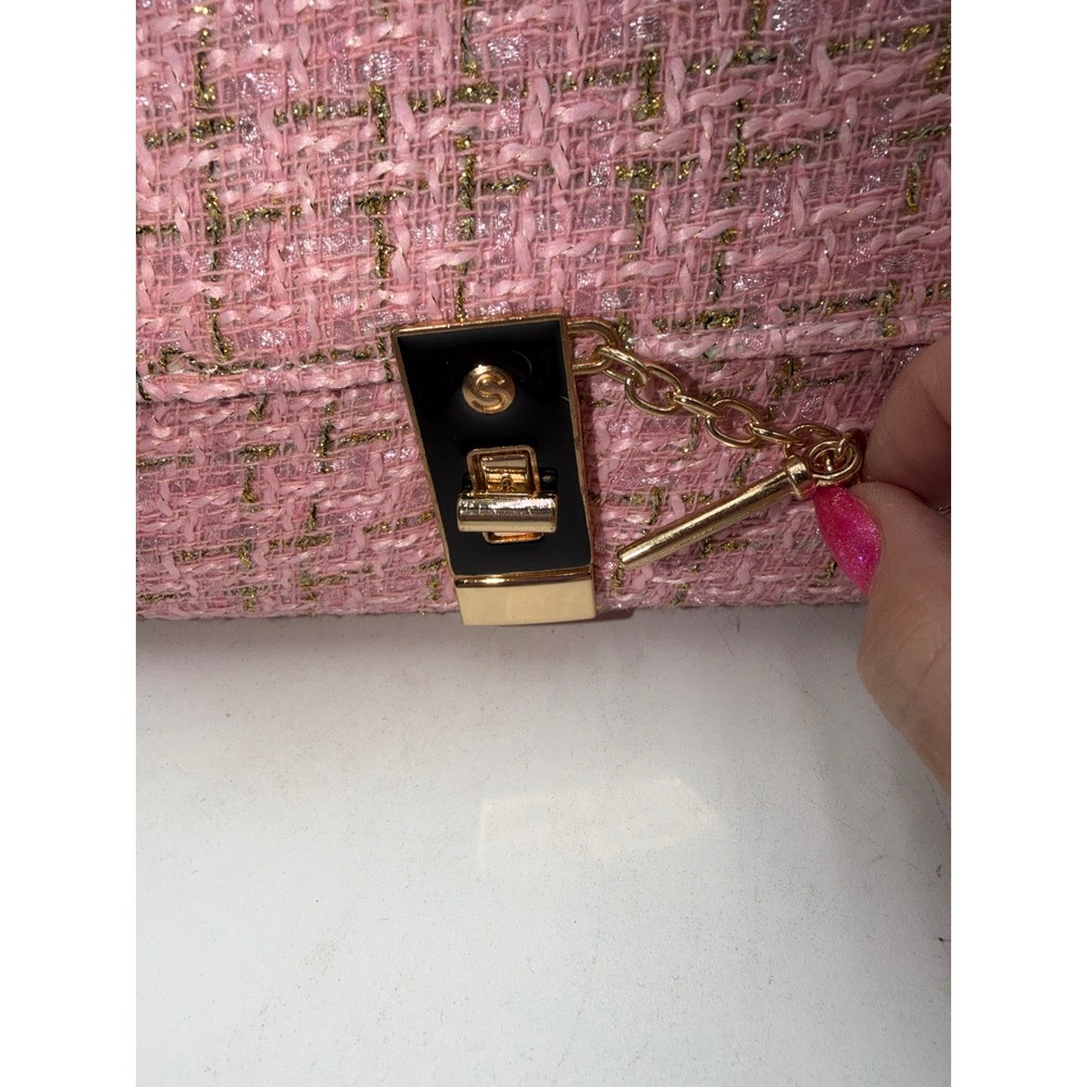 Pink Tweed Gold Metallic Chain Strap Fashion Shoulder Bag with Turn Lock Closure - Picture 7 of 9
